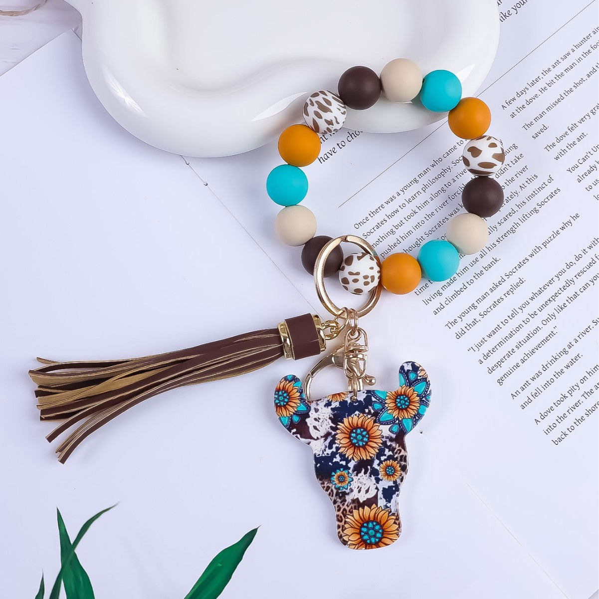 Wholesale Western Style Silicone Beaded Tassel Wooden Keychain
